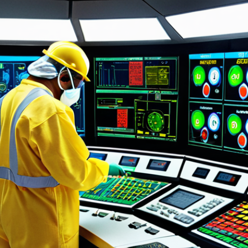 Home 15 **
Prompt: Interior of a nuclear power plant control room. A worker in protective gear is monitoring a dosimeter. The scene emphasizes safety protocols and the high-tech environment. Visual cues include radiation symbols, color-coded zones, and advanced monitoring equipment.
**