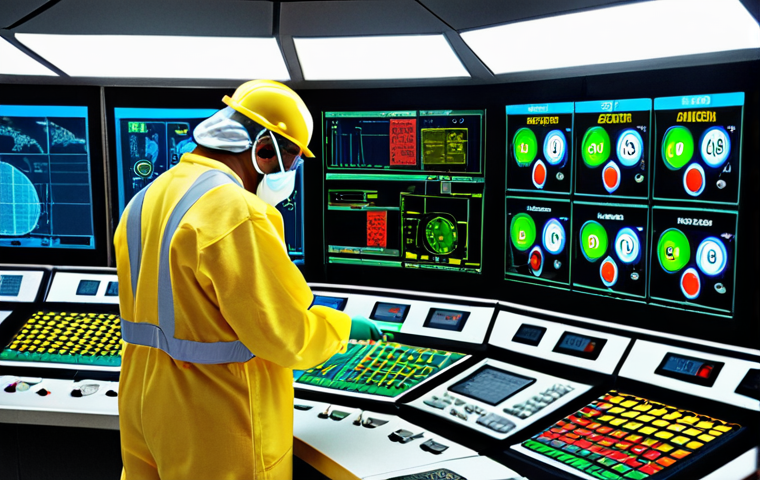 **
Prompt: Interior of a nuclear power plant control room. A worker in protective gear is monitoring a dosimeter. The scene emphasizes safety protocols and the high-tech environment. Visual cues include radiation symbols, color-coded zones, and advanced monitoring equipment.
**