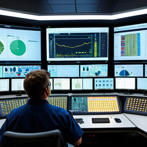 Home 14 **
A high-tech control room inside a nuclear power plant. AI-powered dashboards display real-time data analysis, predicting potential equipment failures. Technicians in the foreground are collaborating and using predictive maintenance insights. Focus on conveying a sense of advanced technology, precision, and preventative safety measures.
**