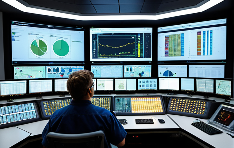 **
A high-tech control room inside a nuclear power plant. AI-powered dashboards display real-time data analysis, predicting potential equipment failures. Technicians in the foreground are collaborating and using predictive maintenance insights. Focus on conveying a sense of advanced technology, precision, and preventative safety measures.
**