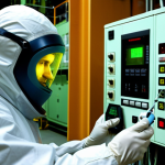 **Prompt:** An engineer in a full protective suit inside a nuclear power plant, carefully checking a radiation dosimeter, with glowing machinery in the background. Emphasize safety and high-tech environment.