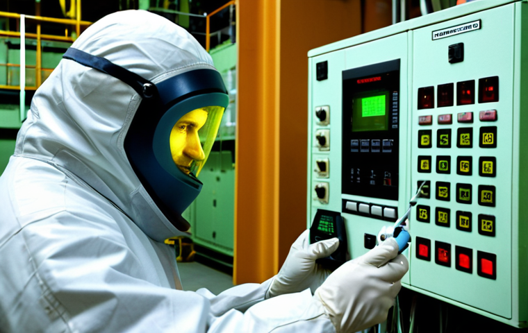 **Prompt:** An engineer in a full protective suit inside a nuclear power plant, carefully checking a radiation dosimeter, with glowing machinery in the background. Emphasize safety and high-tech environment.