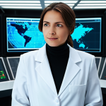 A highly professional female nuclear engineer, wearing a modest, dark business suit over a clean white lab coat, standing in a sophisticated, futuristic nuclear plant control room. The control room features large, luminous holographic displays showcasing complex AI simulations of reactor designs and operational data. The background is clean and sterile, emphasizing advanced technology and precision. The lighting is soft and ambient. Perfect anatomy, correct proportions, natural pose, well-formed hands, proper finger count, natural body proportions. High-resolution, professional studio photography, realistic, detailed, high quality, clean aesthetic. Safe for work, appropriate content, fully clothed, professional dress, modest clothing, family-friendly.