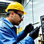 Nuclear Power Plant Technician Inspection**

A professional, fully clothed nuclear power plant technician wearing appropriate safety gear (hard hat, safety glasses, and a clean, professional jumpsuit), carefully inspecting a pipe with a handheld inspection camera in a brightly lit control room. The background shows complex machinery and gauges. Safe for work, appropriate content, perfect anatomy, correct proportions, well-formed hands, professional setting, modest, family-friendly.

**