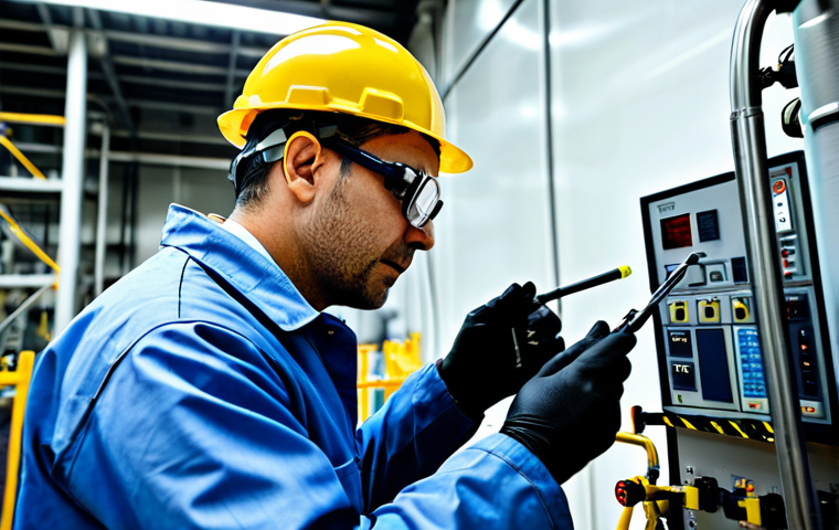 Nuclear Power Plant Technician Inspection**
A professional, fully clothed nuclear power plant technician wearing appropriate safety gear (hard hat, safety glasses, and a clean, professional jumpsuit), carefully inspecting a pipe with a handheld inspection camera in a brightly lit control room. The background shows complex machinery and gauges. Safe for work, appropriate content, perfect anatomy, correct proportions, well-formed hands, professional setting, modest, family-friendly.
**