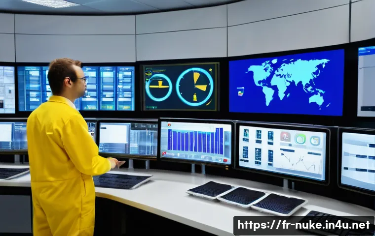 원자력 엔지니어의 인턴십 경험담 - A detailed, realistic interior view of a nuclear power plant control room in France, showcasing a te...