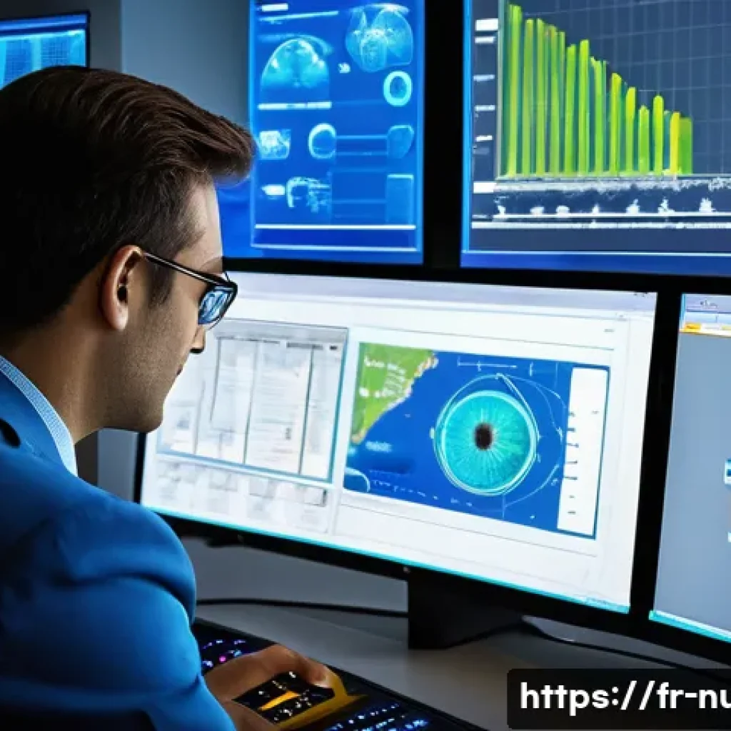 원자력 엔지니어의 자기계발 방법 - A modern nuclear engineer in a high-tech control room, attentively working on advanced simulation so...