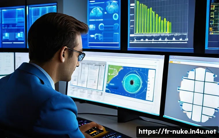 원자력 엔지니어의 자기계발 방법 - A modern nuclear engineer in a high-tech control room, attentively working on advanced simulation so...