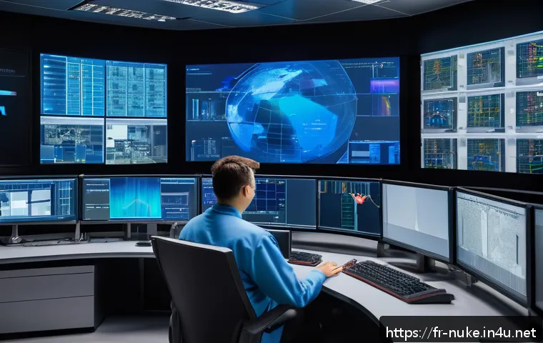 원자력 엔지니어의 업무 효율화 도구 - A highly detailed, photorealistic scene inside a modern nuclear power plant control room featuring e...