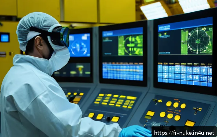 원자력 자격증 실기 시험 준비법 - A professional nuclear technician wearing a full protective suit and safety gear, including gloves a...