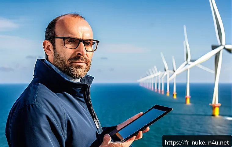 원자력 엔지니어 이직 성공 사례 - A mid-career French engineer in his 40s, wearing professional casual attire and safety glasses, stan...