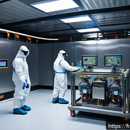 Home 32 원자력 발전소 폐로 과정과 기술 - A highly detailed scene inside a modern French nuclear power plant undergoing robotic decontaminatio...