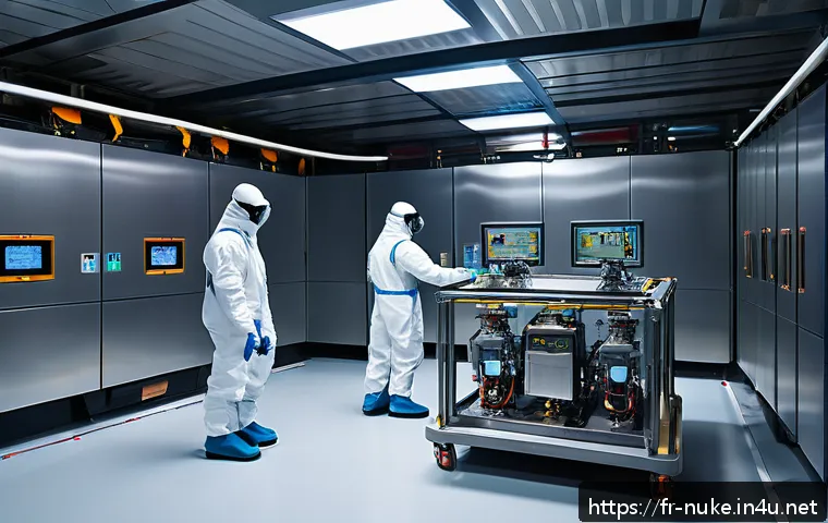 원자력 발전소 폐로 과정과 기술 - A highly detailed scene inside a modern French nuclear power plant undergoing robotic decontaminatio...