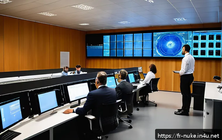 원자력 기술의 해외 수출 사례 - A high-tech nuclear power plant control room in France, showcasing French engineers and technicians ...