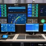 Home 18 원자력 발전소 실시간 데이터 모니터링 - A highly detailed control room inside a French nuclear power plant, featuring multiple operators mon...