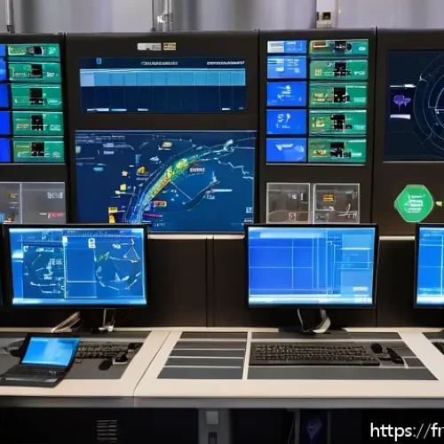 Home 30 원자력 발전소 실시간 데이터 모니터링 - A highly detailed control room inside a French nuclear power plant, featuring multiple operators mon...